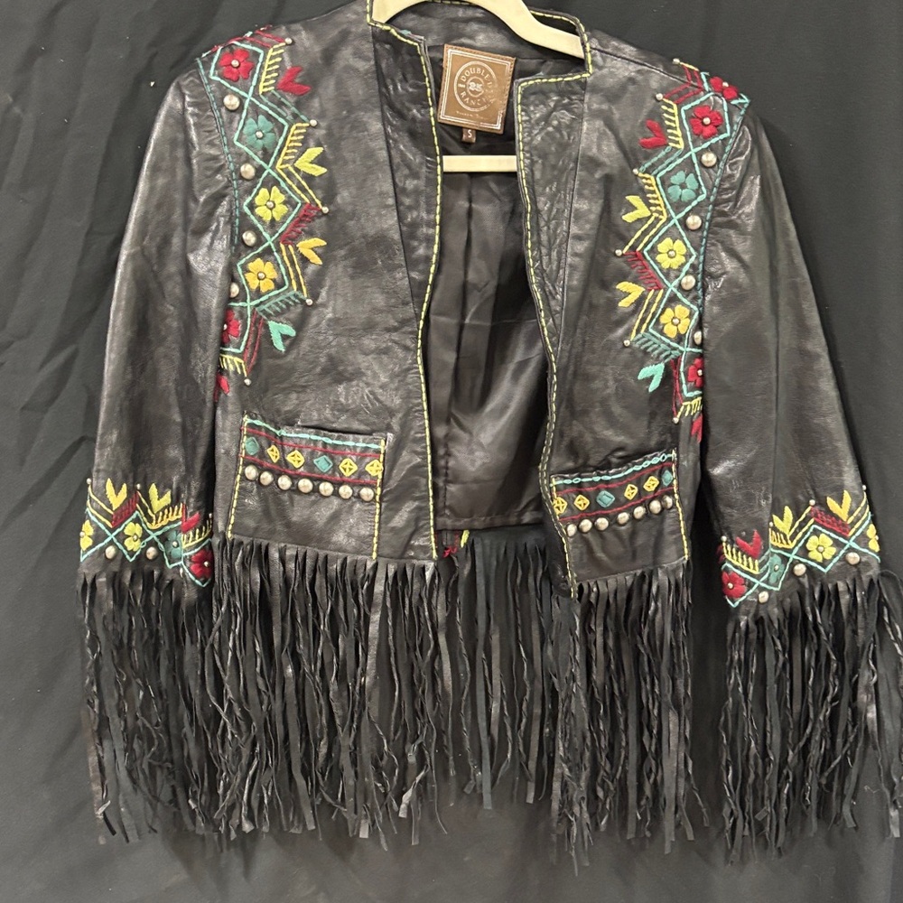 Double D Ranch Black Leather Jacket with Colorful Embroidery